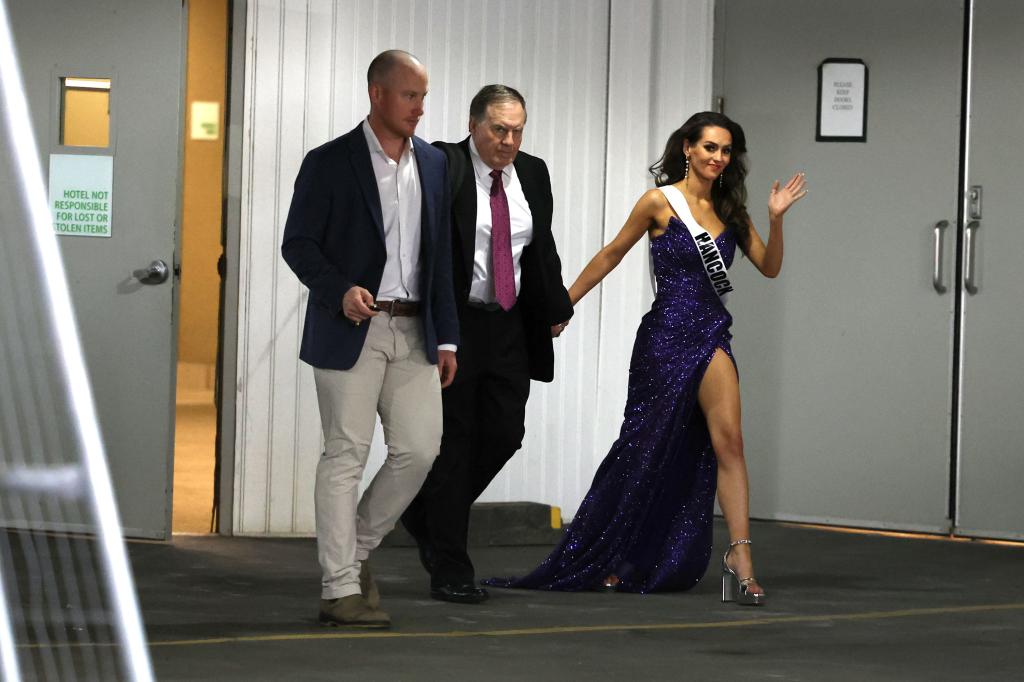 Bill Belichick and Jordon Hudson leave the Holiday inn in Portland, Maine after coming 2nd runner up in the Miss Maine USA competition on May 11, 2025.