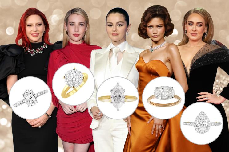 Engagement rings worn by celebrities Lady Gaga, Emma Roberts, Selena Gomez, Zendaya, and Adele from left to right