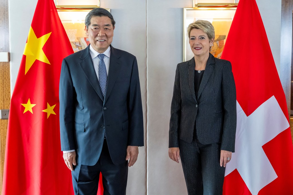Chinese Vice Premier He Lifeng and Switzerland's President Karin Keller-Sutter pose, during a bilateral meeting between Switzerland and China, ahead of U.S.-China trade talks, in Geneva, Switzerland, May 9, 2025.