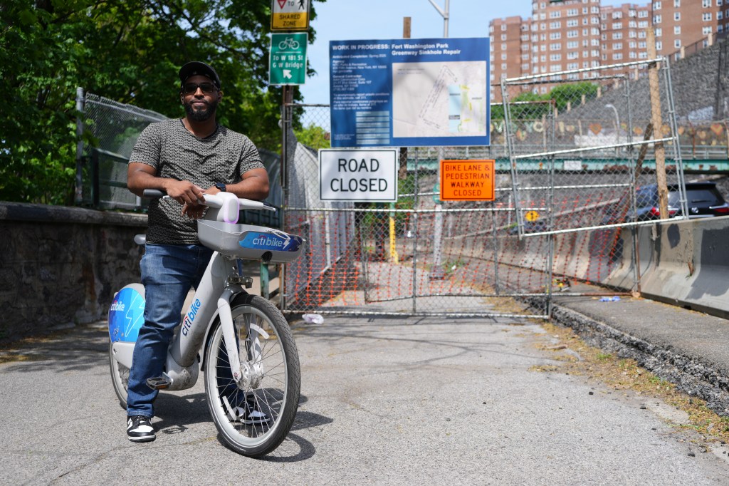 Cyclist Danny Diaz, of Manhattan, spoke to the New York Post by the closed bicycle path on the Hudson River Greenway near the George Washington Bridge, shut down due to ongoing reconstruction on Thursday, May 1, 2025 in New York, N.Y.