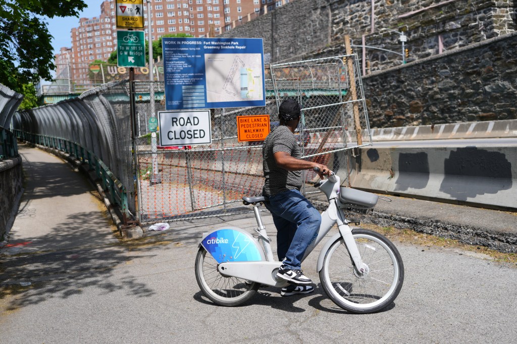 Cyclist Danny Diaz, of Manhattan, spoke to the New York Post by the closed bicycle path on the Hudson River Greenway near the George Washington Bridge, shut down due to ongoing reconstruction on Thursday, May 1, 2025 in New York, N.Y. 