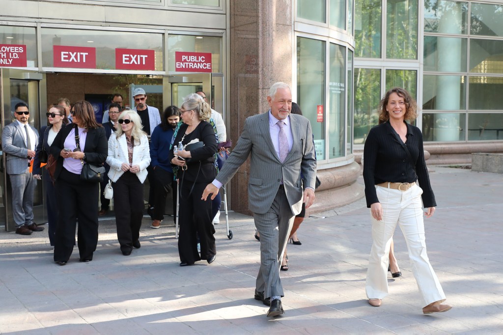 Defense attorney Mark Geragos addressing the press outside Van Nuys Superior Court after Menendez Brothers' resentencing hearing on 13 May 2025 in Los Angeles, California.