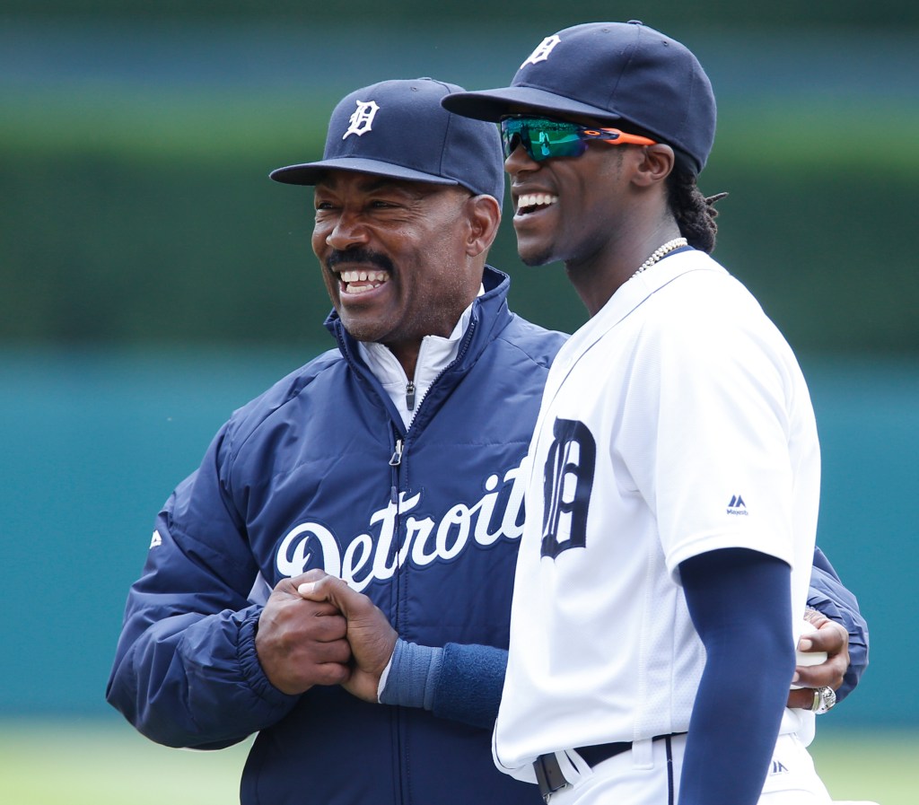 Former Detroit Tiger Chet Lemon and Detroit Tigers' Cameron Maybin posing together before a baseball game against the New York Yankees in Detroit, June 5, 2016