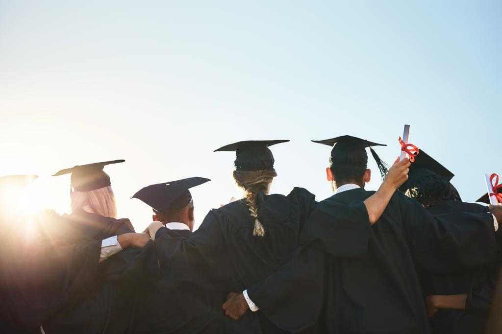 Group, students and graduation for college or university friends together with blue sky mockup. 
