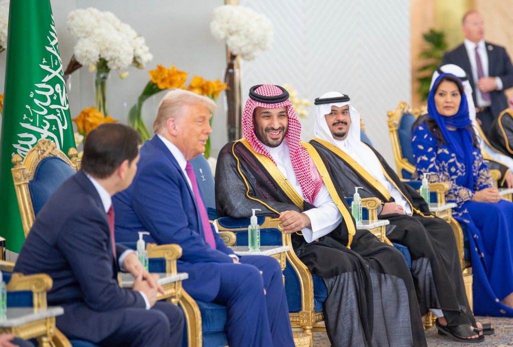 Saudi Crown Prince Mohammed bin Salman and US President Donald Trump in a meeting in Riyadh, during Trump's lavish welcome in Saudi Arabia in 2025.