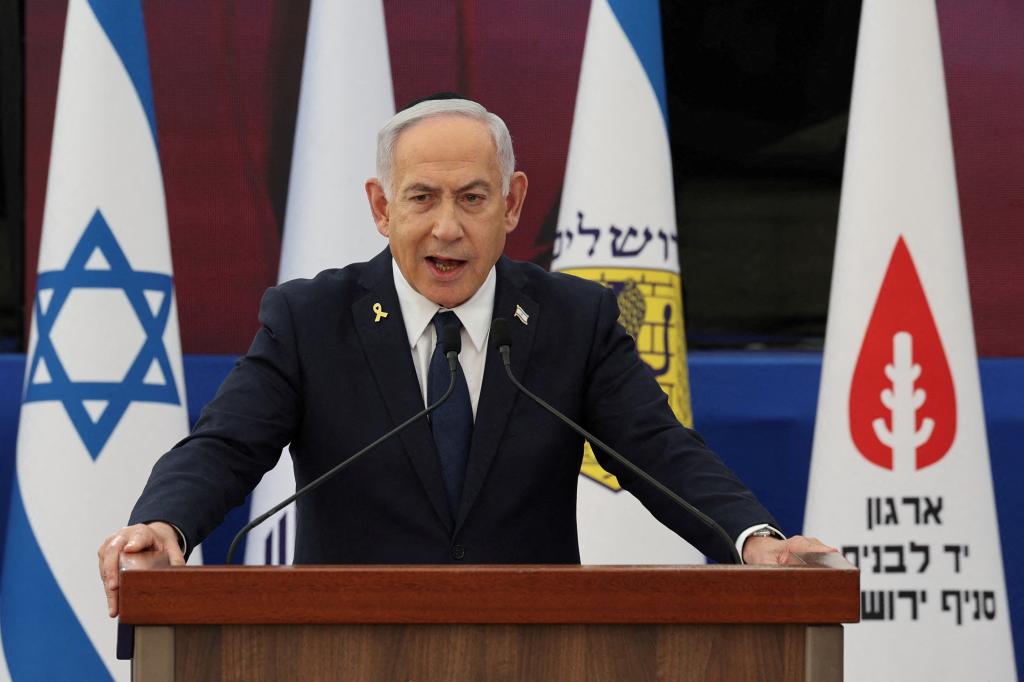 Israeli Prime Minister Benjamin Netanyahu speaks during the annual ceremony at the eve of Israel's Remembrance Day for fallen soldiers (Yom HaZikaron) at the Yad LaBanim Memorial in Jerusalem, 29 April 2025