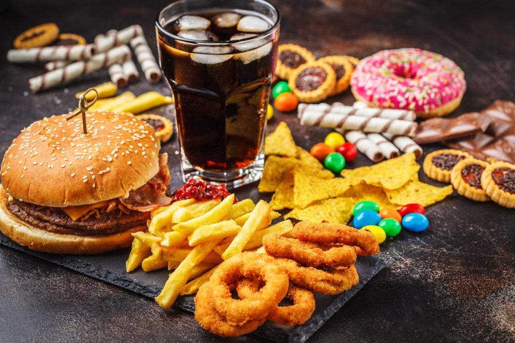 Ultra-processed foods include sauces, spreads, condiments, packaged sweets, snacks, desserts, artificially or sugar-sweetened beverages and animal-based products. An array of junk food is seen here.