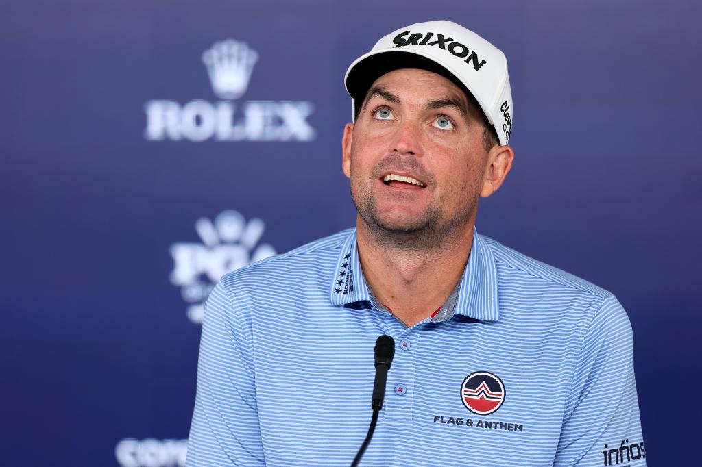 Keegan Bradley of the United States speaks to the media before the PGA Championship at Quail Hollow Country Club on May 13, 2025 in Charlotte, North Carolina.