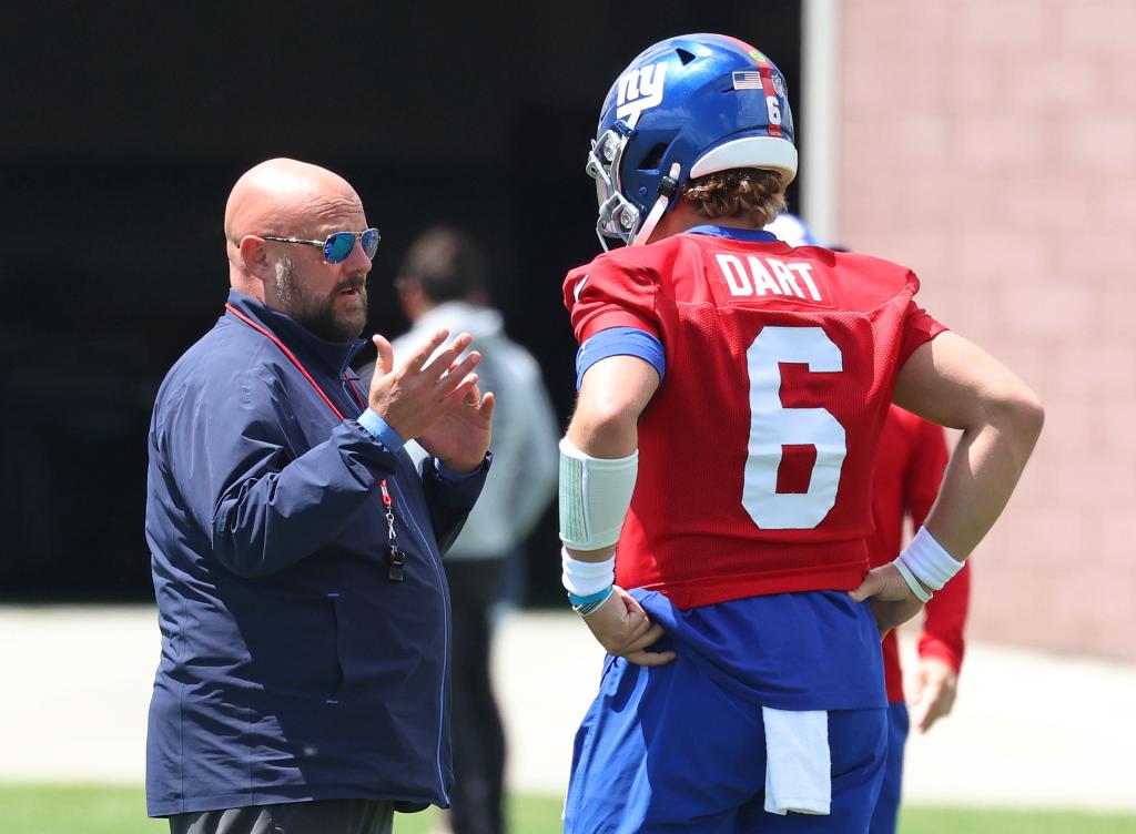 New York Giants head coach Brian Daboll and New York Giants quarterback Jaxson Dart (6) when the New York Giants held Rookie Minicamp Saturday, May 10, 2025 at Quest Diagnostics Training Center in East Rutherford, NJ. 
