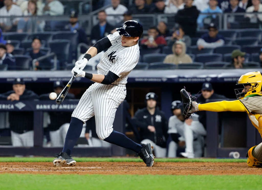 Yankees first baseman Ben Rice connects on a two run RBI double against the San Diego Padres