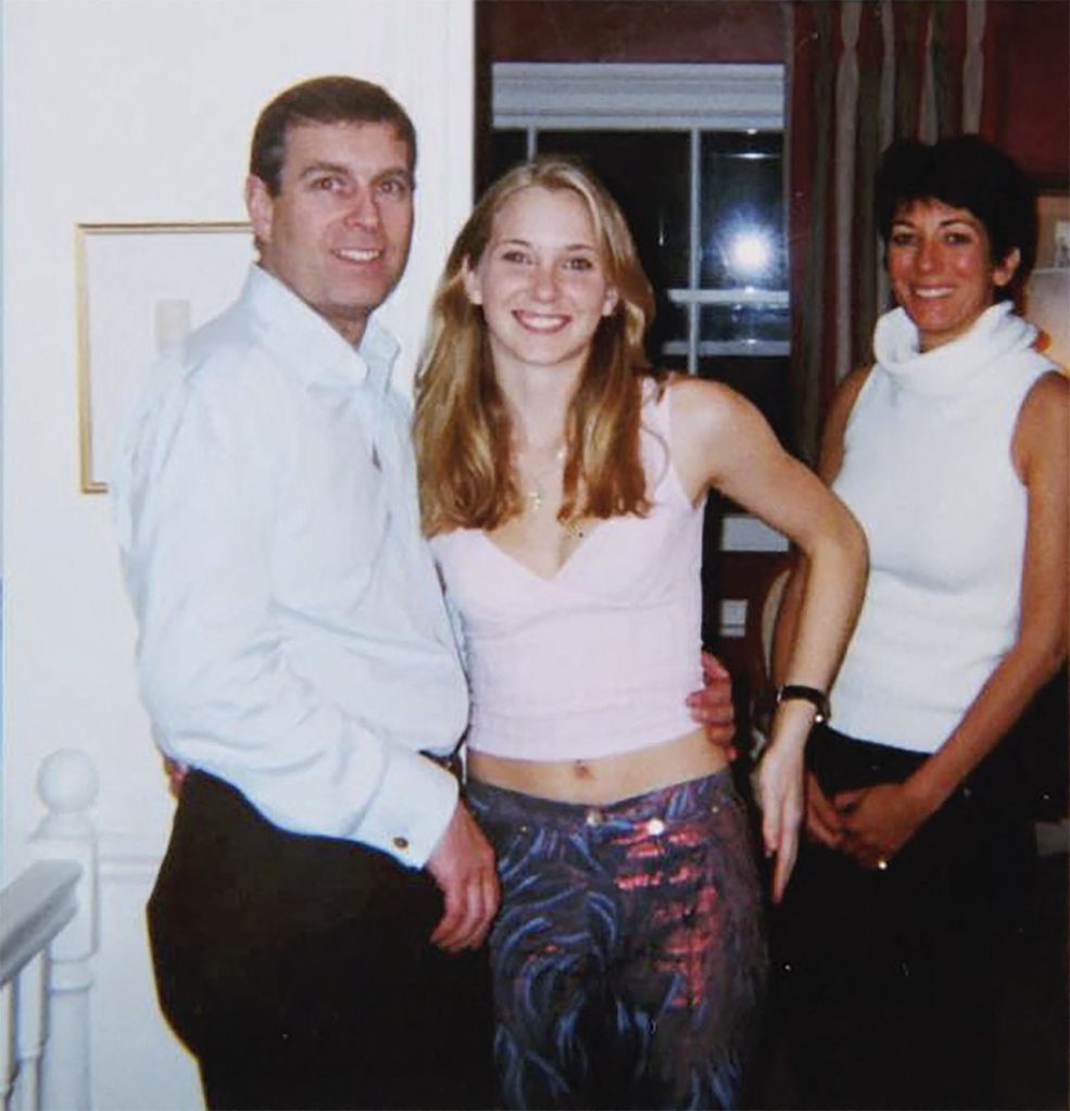 A photo of Prince Andrew, a young Virginia Giuffre, and Ghislaine Maxwell.