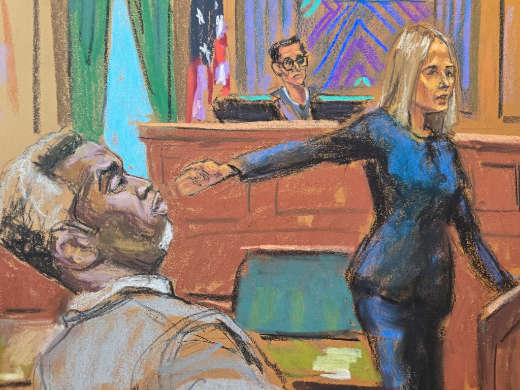Prosecutor Emily Johnson points to Sean "Diddy" Combs before U.S. District Judge Arun Subramanian at Combs' sex trafficking trial in New York City, New York, U.S., May 12, 2025 in this courtroom sketch. 