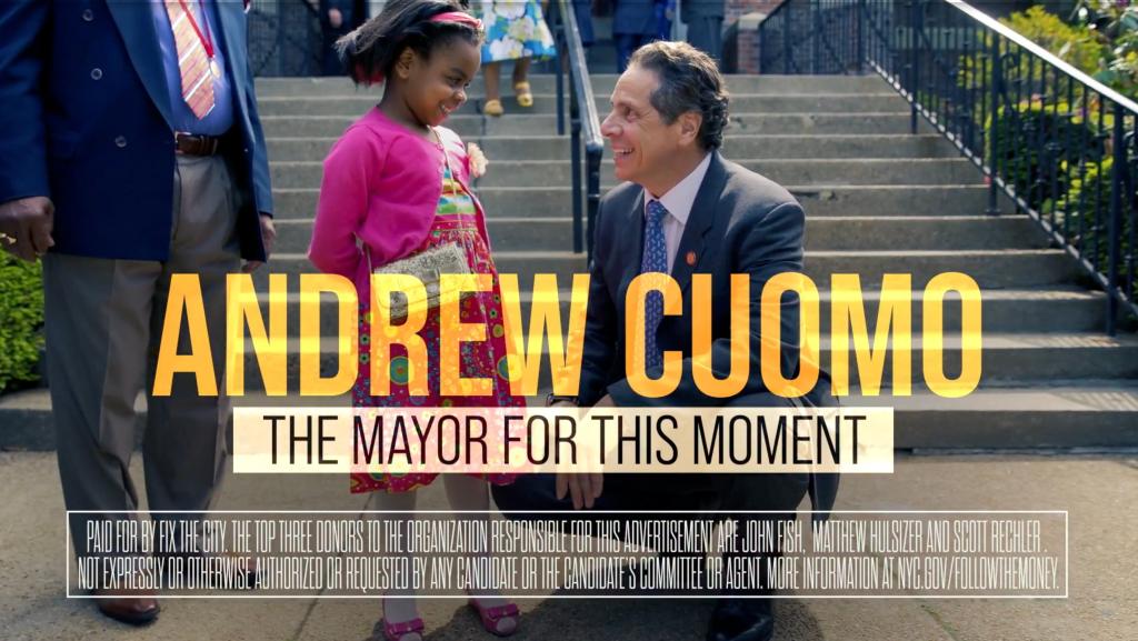 Screenshot of Andrew Cuomo in 'Crime Is' campaign ad for Mayor, posted by FIXTHECITY