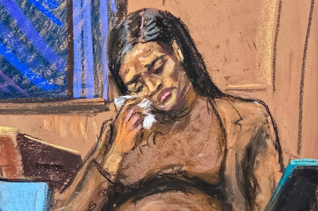 Cassie Ventura wiping away tears during her testimony at Sean "Diddy" Combs' sex trafficking trial on May 13, 2025.