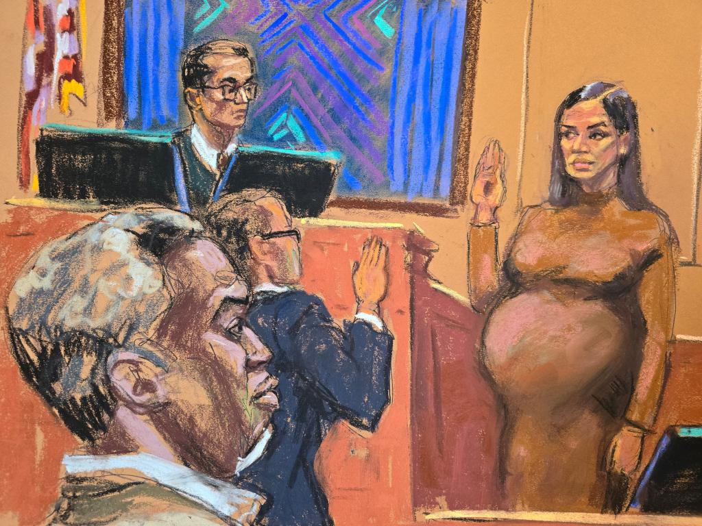 Sean 'Diddy' Combs attentively observing as his former girlfriend, Casandra 'Cassie' Ventura, is sworn in as a witness in a New York courtroom sketch