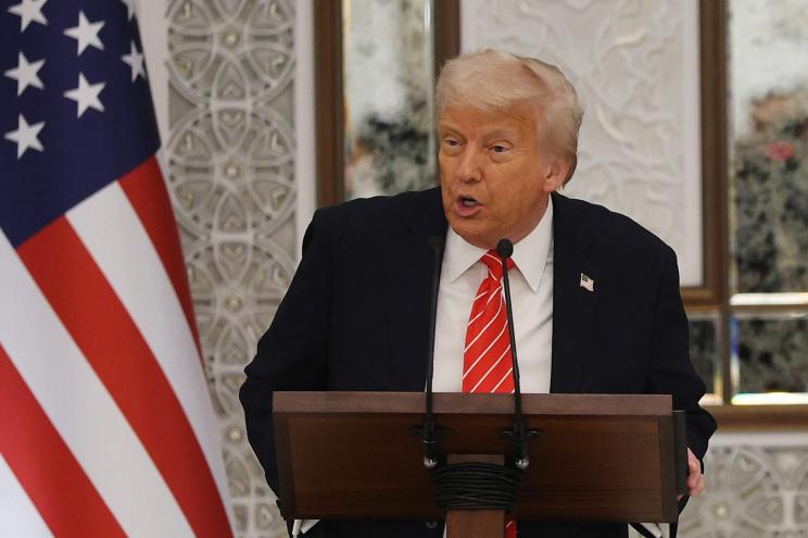 President Donald Trump makes a speech during a state dinner at the Lusail Palace on May 14, 2025, in Doha, Qatar.