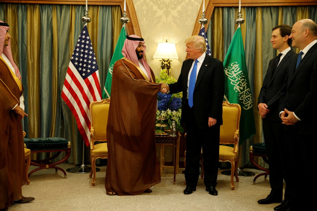U.S. President Donald Trump meeting with Saudi Arabia's Deputy Crown Prince and Minister of Defense Mohammed bin Salman at the Ritz Carlton Hotel in Riyadh with attendees Gary Cohn and Jared Kushner