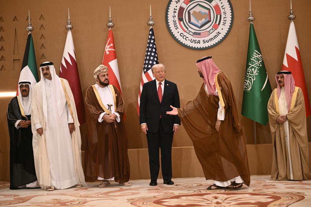 President Trump poses with Gulf leaders and officials during the Gulf Cooperation Council summit in Riyadh on May 14, 2025.