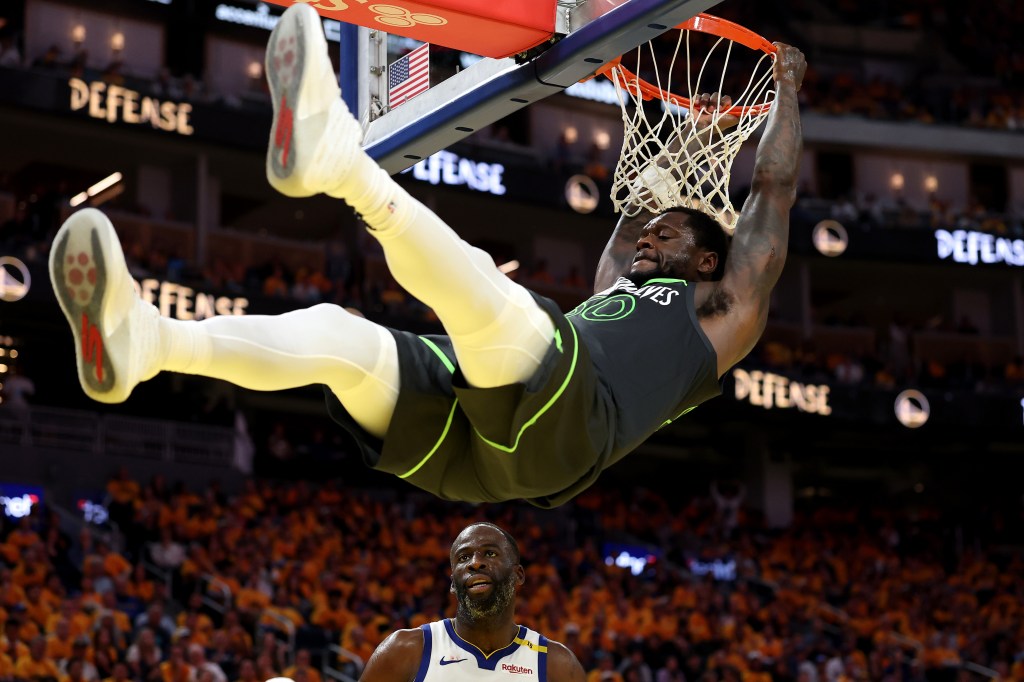 Julius Randle #30 of the Minnesota Timberwolves dunks the ball against Golden State Warriors during the fourth quarter in Game Three of the Western Conference Second Round NBA Playoffs at Chase Center on May 10, 2025.