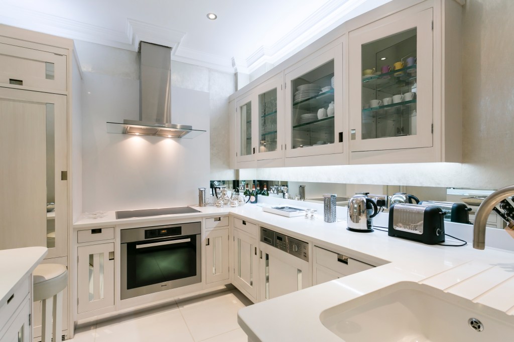 The whitewashed kitchen.