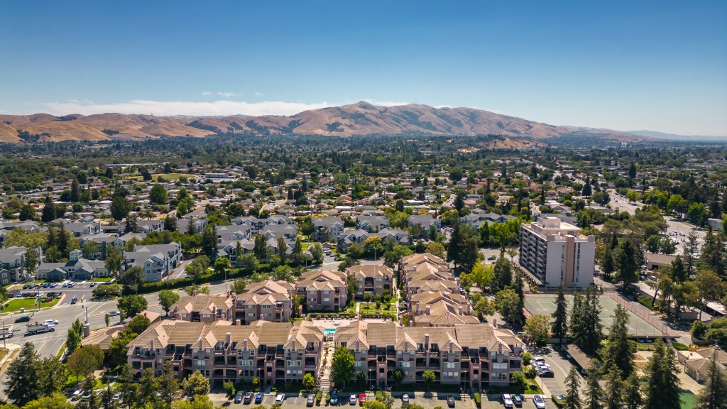 Aerial view of Fremont, California, showing residential and commercial real estate.