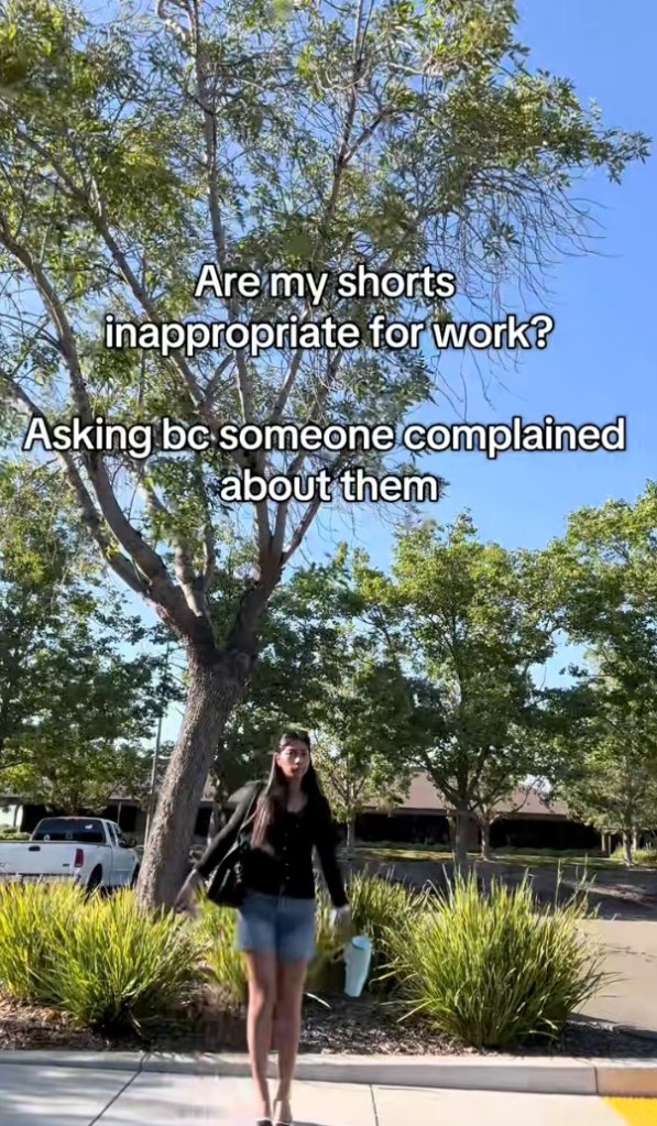 Woman in short shorts asks if her outfit is inappropriate for work.