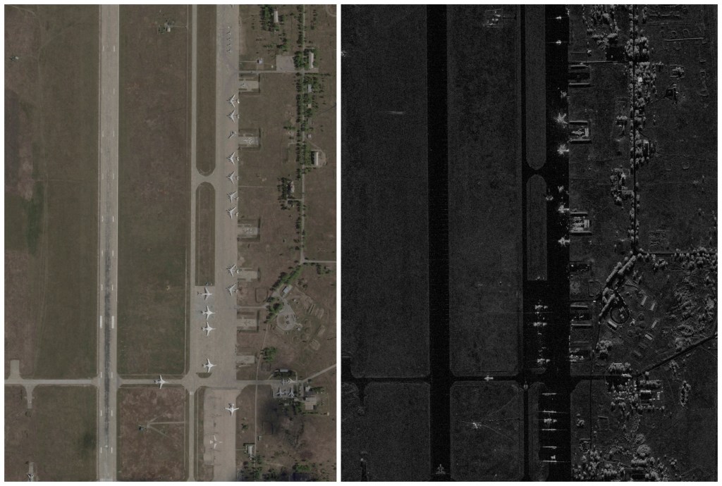 Satellite images of the Belaya airfield in Irkutsk region before and after a drone attack.