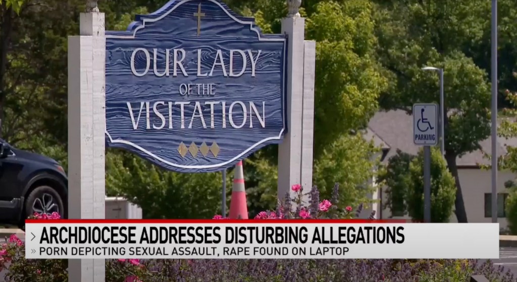 Our Lady of the Visitation church sign; allegations of child sexual assault and rape found on parish laptop.