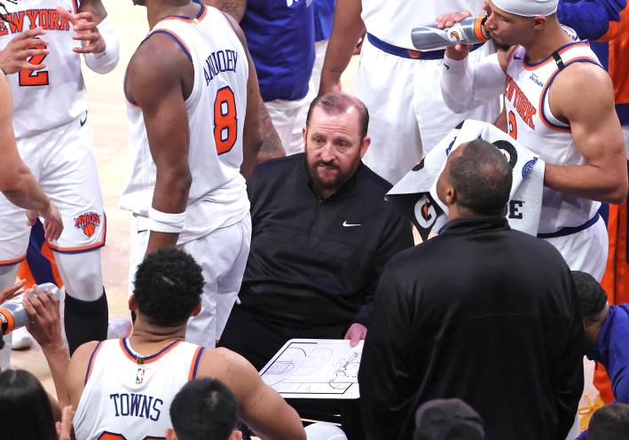 New York Knicks head coach Tom Thibodeau during a timeout.