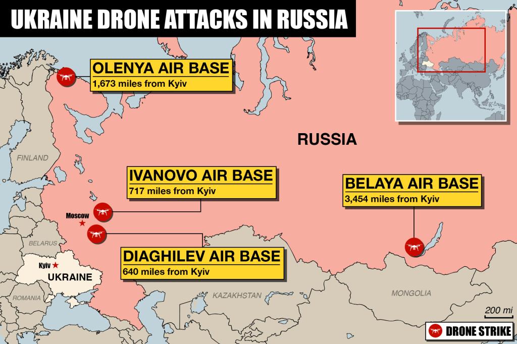 The map of the Ukraine drone attacks in Russia.
