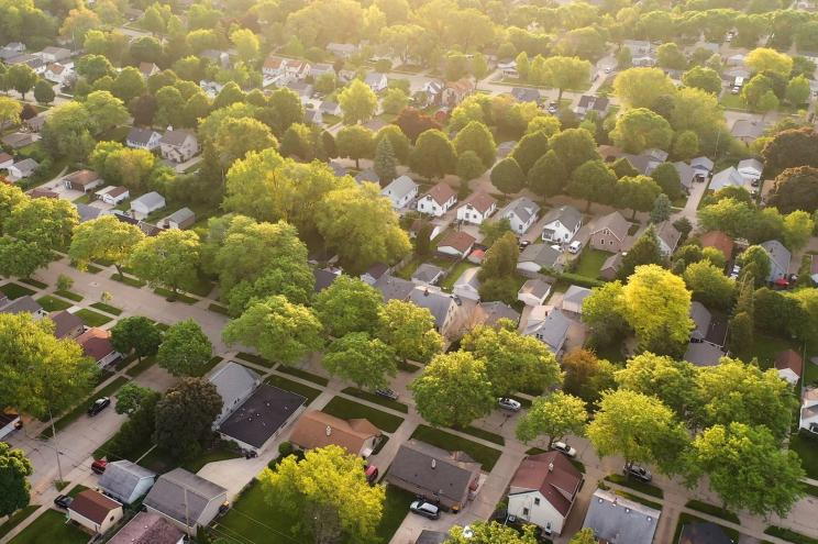 Aerial view of a residential neighborhood