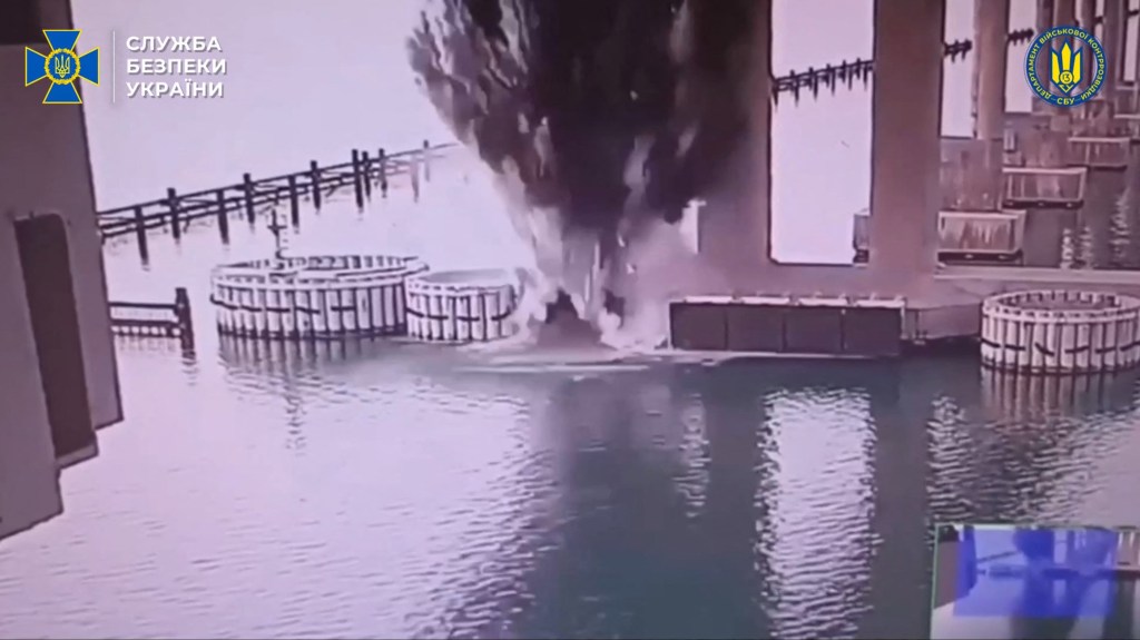 Video still of the Kerch Bridge explosion.