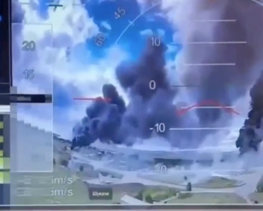 A screenshot from a drone video of the alleged attack released by the SBU on June 1, 2025.