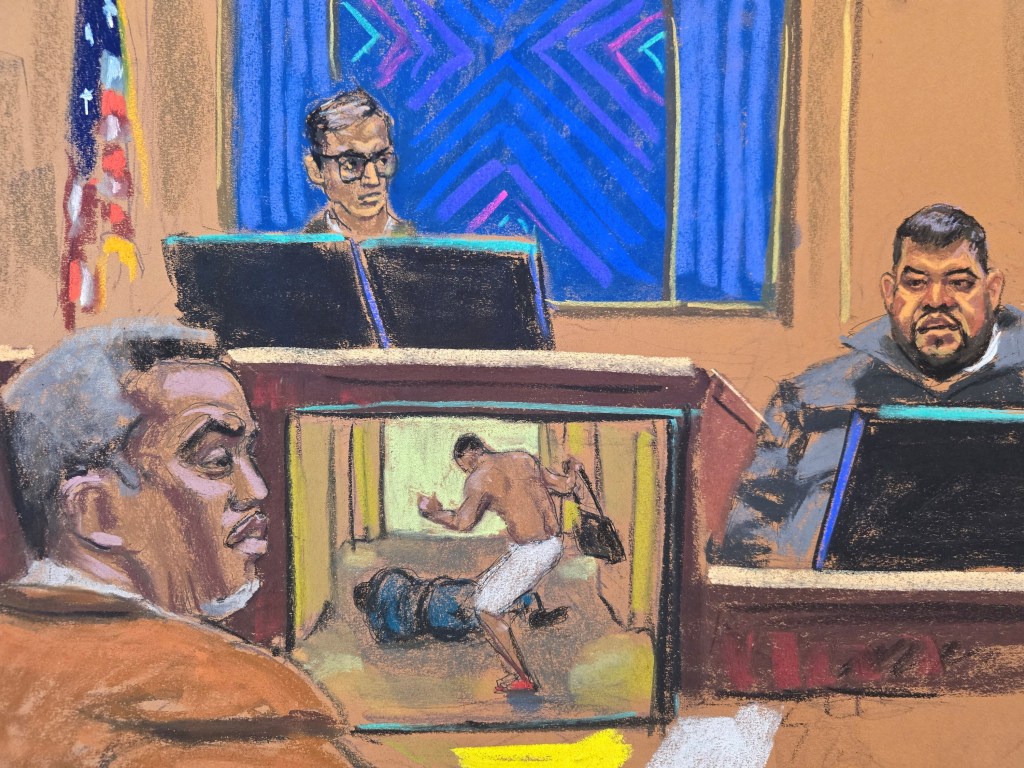 Courtroom sketch of Sean "Diddy" Combs' sex trafficking trial.