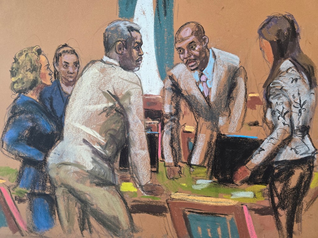 Courtroom sketch of Sean "Diddy" Combs speaking with his lawyers.